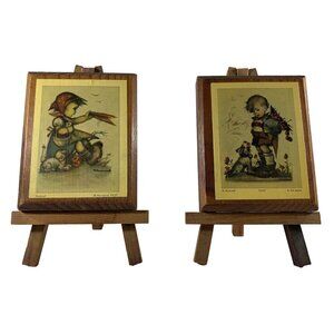 2 Vintage Hummel Goebel German Kid Prints on Wood with Easels Boy 9640 Girl 9637